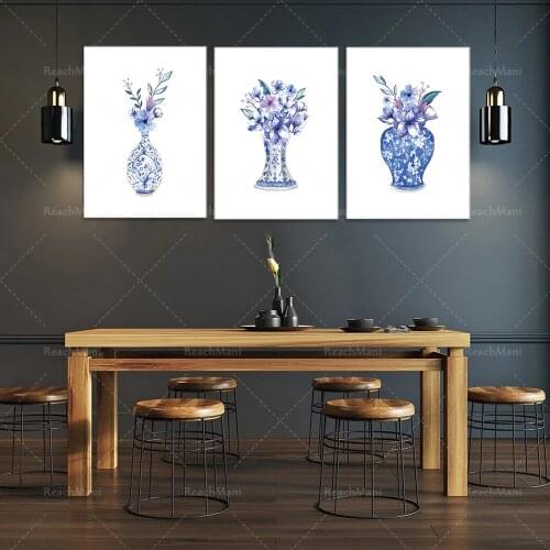 Blue and White Chinoiserie Printable Art Set of 3, watercolor floral blue and white porcelain, watercolor porcelain poster