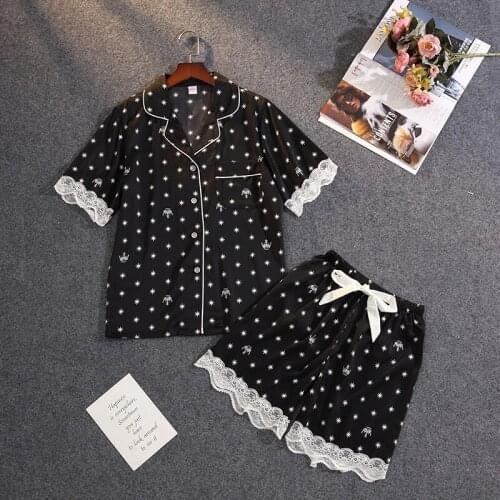 Freshing Summer New Pajamas Womens Ice Silk Thin Sexy Lace Short-sleeved Shorts Suit Sleepwear