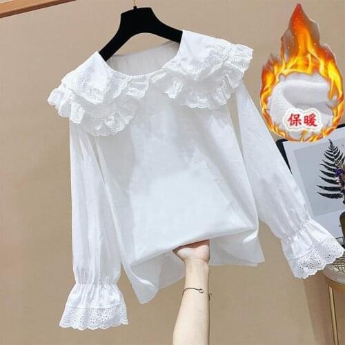 Thin style Plush collar shirt new autumn and winter white shirt womens Fairy top off shoulder top