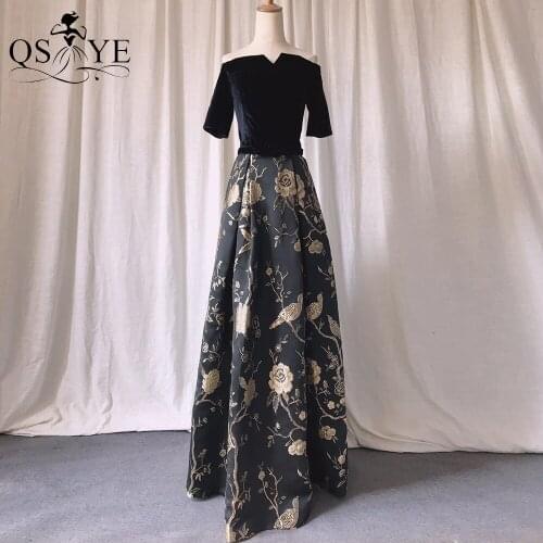 Black Print Prom Dresses 2021 Flowers Pattern Lace Evening Dress Short Sleeves Girl Party Gown Off the Shoulder Girl Prom Back