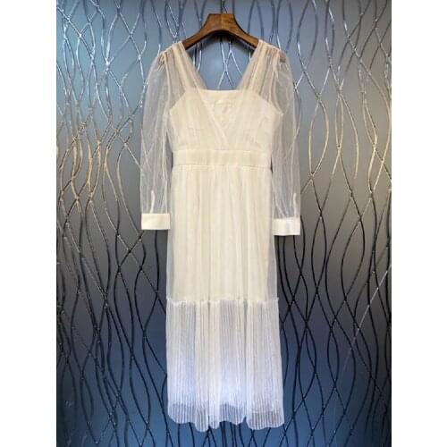 Newest Fashion Party Womens Dress 2021 Autumn Style Ladies V-Neck Sexy Tulle Mesh Patchwork Long Sleeve Mid-Calf Pleated Dress