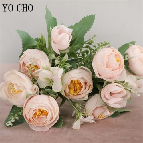 YO CHO Silk Rose Artificial Flower 10 Heads Mini Bouquet Fake Rose Bunch Bridesmaid Flower Arrangement Wedding Home Party Decor