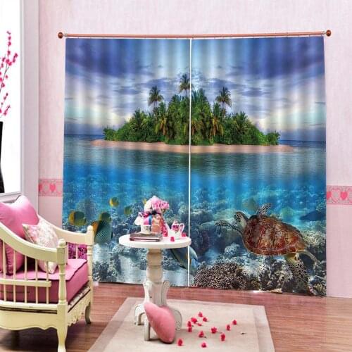 Ocean Turtle Shower Curtain Tropic Palm Trees on an Island Beach curtains for Living room balckout House Drapes
