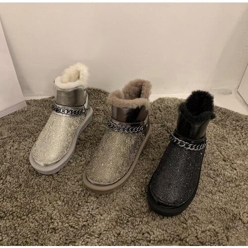 Womens shoes cotton shoes mid-tube boots 2020 new winter warm fashion flashing diamond waterproof and ski boots