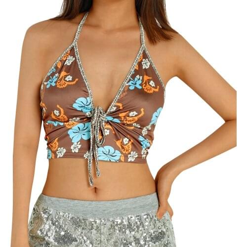 Women Sexy Deep V-neck Vest Brown Floral Printed Pattern Sleeveless Crop Tops, S/ M/ L