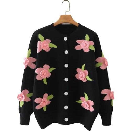 2021 Fall/Winter Womens Three-dimensional Flower Sweater Loose Elegant Warm Knit Pullover Fashion Top Flower Cardigan Black