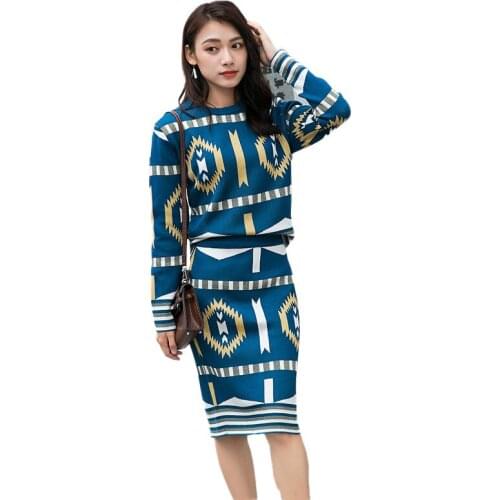 2020 Autumn Two piece Set Women Jacquard Runway Suit Knitting Jumper Tops+Bodycon Skirts Vintage 2 Pieces Sweater Pullovers Suit