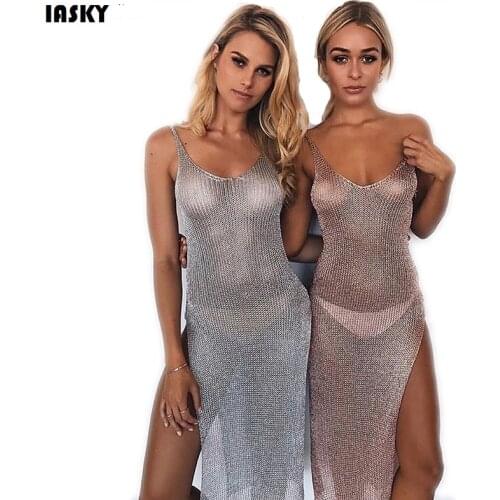 2017 Shiny Knitted hollow Bikini Cover Up Summer Dress Swimwear Kaftan Ladies Bathing Suit Cover ups Beach Tunic Saida de Praia