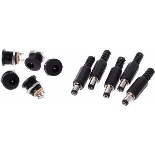 5 Pcs Male DC Power Plug Connector+5 Pcs Screw Lock Female Panel Socket Mount Adapter 5.5mm x 2.1mm #1A60305