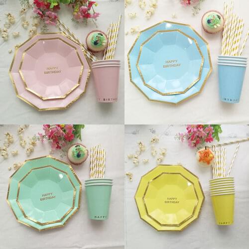 8pcs Candy Color Gold Edge Tableware Polygon Happy Birthday Party Supplies Paper Plate Cups Straw Table Setting Foil Bronzing