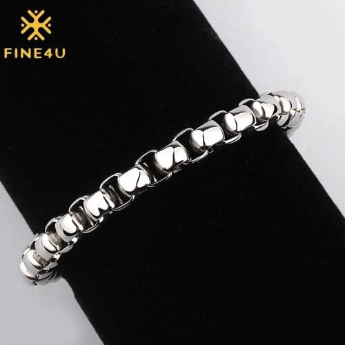 FINE4U B314 Solid Round Box Chain Bracelet Stainless Steel Crude Rolo Chain Bracelets For Men Jewelry