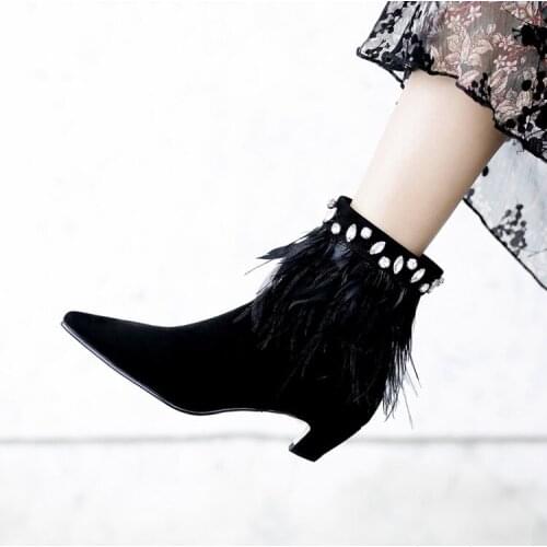 Kmeioo fashion feather ankle boots spring autumn med heels sheepskin rhinestone short boots