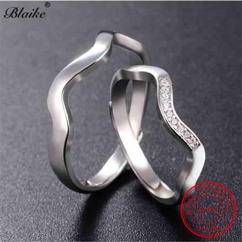 Blaike Minimalist Female Male Wave Ring With Stone Solid s925 Sterling Silver Open Couple Rings For Men Women Engagement Jewelry