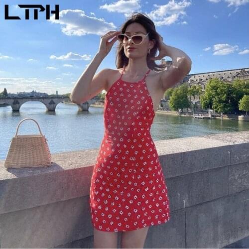 LTPH vintage red floral dress women Fashion sleeveless sexy Backless elegant camisole dresses Short A-line 2021 summer new