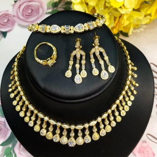 Missvikki Luxury 4PCS Waterdrop Tassel African Jewelry Set For Women Wedding Party Zirconia Indian Dubai Bridal Jewelry Set