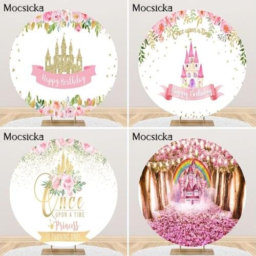 Mocsicka Princess Birthday Party Backdrop Girl 1st Birthday Castle Princess Party Photoshoot Background Round Circle Cover Banne