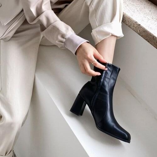 Black Beige Brown Fashion Zipper Women Boots Leather Ankle Boots Comfortable Square Head Heel Boots Ladies Shoes Big Size 34-42