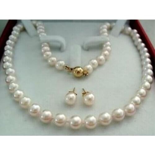 Gold Clasp 8-9MM White Freshwater Cultured Pearl Necklace Earring Set