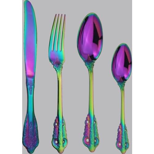 4Pcs Gold Cutlery Dinnerware Set 18/10 Stainless Steel Knife Fork Spoon Kitchen Tableware Flatware Royal Antique European Set