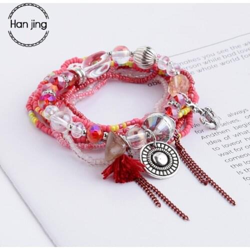 Hanjing Fashion Gold Color Beads Pearl Star Multilayer crystal charm Beaded Bracelets Set for Women Charm Party Jewelry Gift