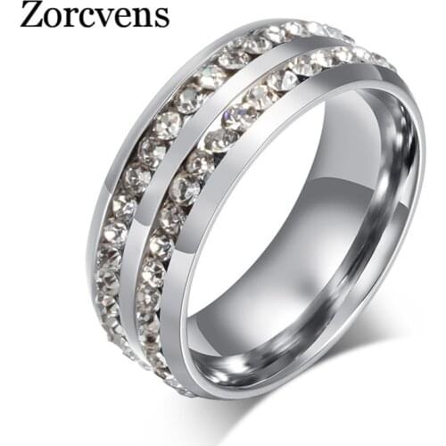 Modyle New Brand Black Gold Silver Color Double Row Crystal Stone Stainless Steel Engagement Rings for Man Woman