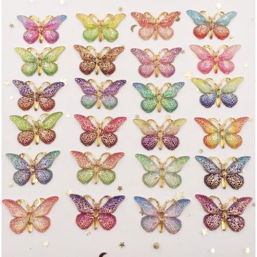 Mixed 60pcs Resin 25*38mm Bling Colorful Butterfly Flatback Rhinestone 1 Hole Ornaments DIY Wedding Appliques Craft S40