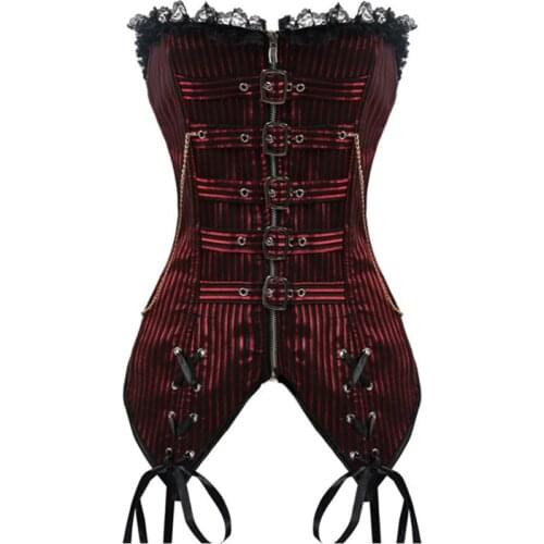 Steampunk Women Sexy Corset Bustier Striped Black Red Buckle Zip Front Lace Up Back Lingerie Shapewear Waist Cincher Corsets