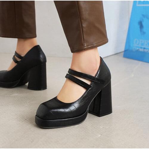 Thick Square Chunky Heels Shoes Women Snake Pattern Square Toe Platform Pumps Black White Shoe Luxury Brand Designer Footwear 48