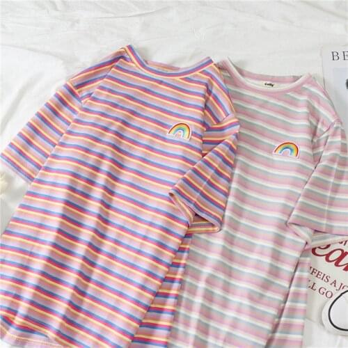 Spring cute womens Korean loose rainbow embroidery cover stripe sister round neck Short Sleeve T-Shirt Top M-XXL