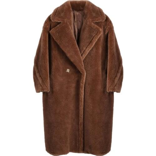 YOLOAgain Oversized Women Long Teddy Coat Jacket Turn-Down Collar Real Lamb Fur Jacket