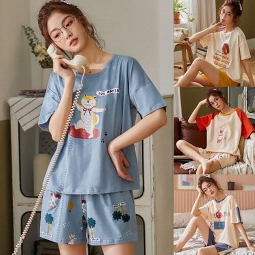 Female Summer Pajamas Set Cotton Short Sleeve Loose Tops Pockets Pants Sleepwear Colored Cartoon Animal Home Loungewear