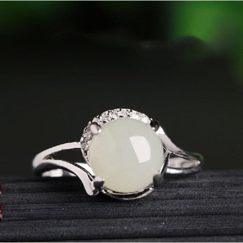 925 Sterling Silver With Natural Hetian Jade Ring Female Certificate Simple White Jade Live Mouth Female Ring