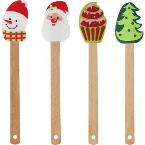 4PCS Creative Silicone Cooking Utensils Wooden Handle Non-Stick Spatula Cream Scraper Christmas Themed Kitchen Cooking Tools