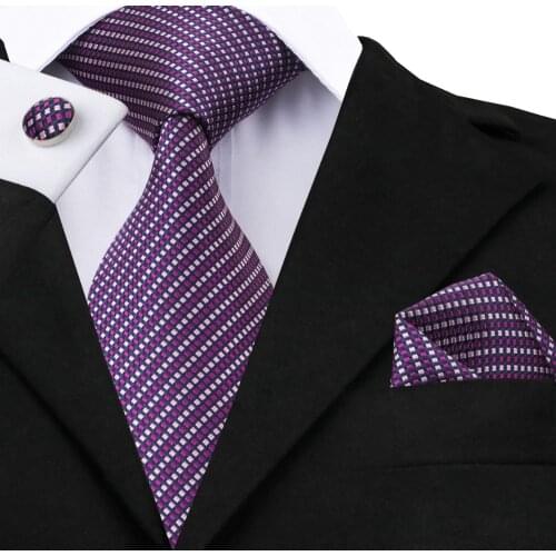 SN-471 Purple Pink Striped Tie Hanky Cufflinks Sets Mens 100% Silk Ties for men Formal Wedding Party Groom
