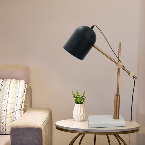 Nordic Style Golden Swing Arm Table Lamp with Marble Base and Black Painted Iron Shade E27 Socket Plug in Type Bedside Lamp