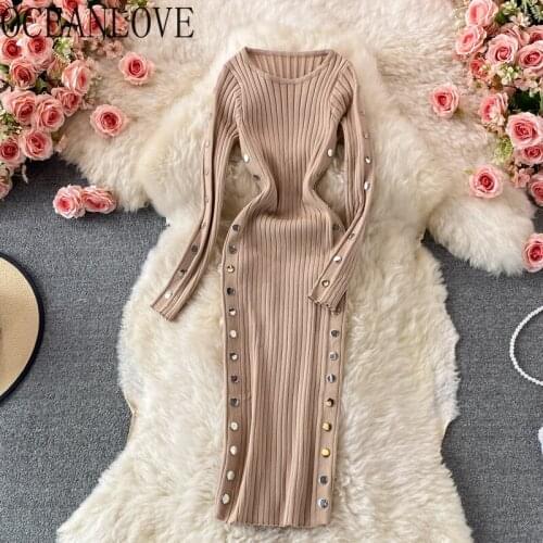 OCEANLOVE 2021 Knitting Vestidos Buttons Solid Bodycon Vintage Autumn Winter Women Dresses Stretch Korean Fashion Robe Femme