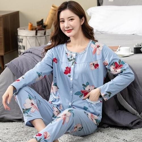 Big Yards Women Cardigan Floral Print Nightwear Suit Autumn Long Sleeve Princess Pajamas Casual Round Neck Homewear Pijama Mujer