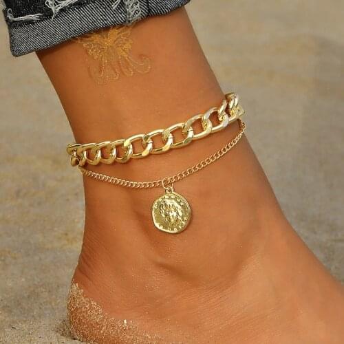 KISS WIFE Punk Chain Anklets Set For Women Girls Vintage Multilayered Chain Coin Pendant Anklet Foot Bracelet Jewelry 2021 Trend