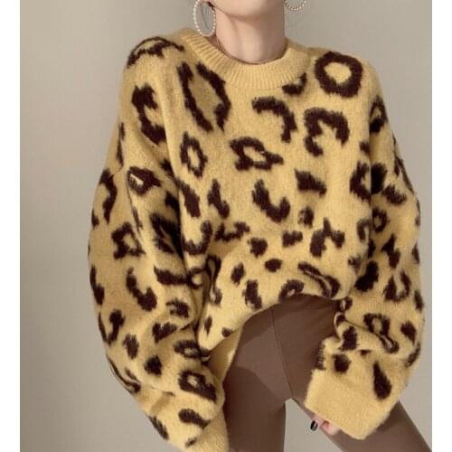 ZCSMLL Korean spring autumn personality wild round neck leopard design loose casual long-sleeved thick warm knitted sweater