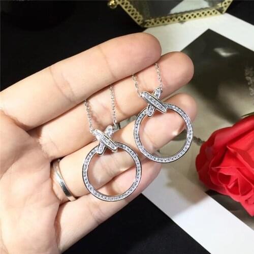 Huitan Simple Stylish Round Circle Pendant Necklace for Women Full Paved Shiny CZ Stone Fashionable Versatile Girls Jewelry Gift