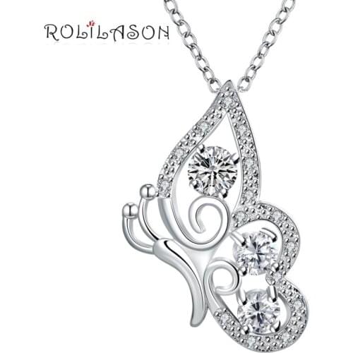ROLILASON Beautiful Butterfly Animal Design Cubic Zirconia White Crystal Fashion Silver Necklace Pendants Jewelry LNS661