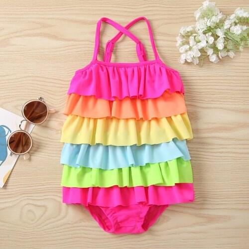 Summer Kids Baby Girls Fashion Rainbow Color Swimwear Stylish Sleeveless Stacked Ruffles Bathing One-piece Swimsuit
