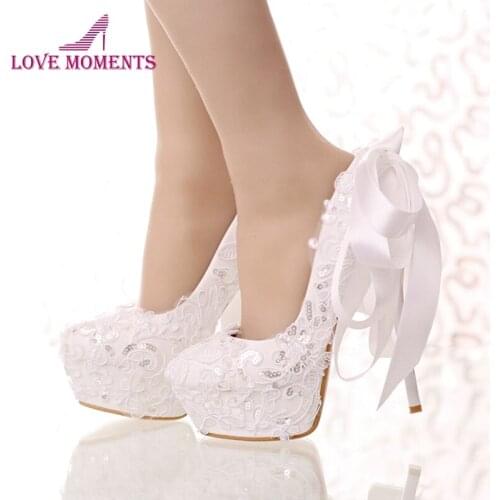 White Lace and Glitter Bride Shoes Round Toe Ribbon Bow Wedding Shoes High Heel Platform Women Party Dress Shoes Bridesmaid Pump