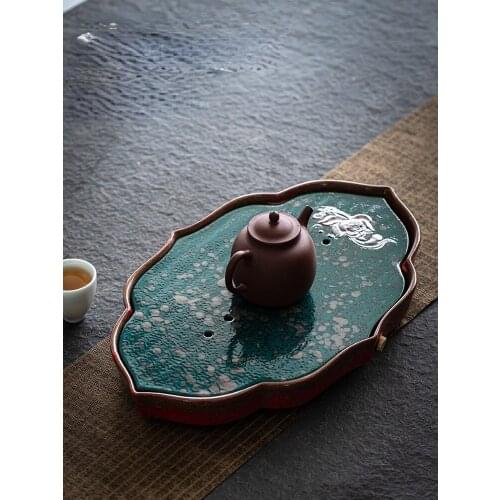 TT Kiln Baked Zen Bamboo Tea Tray Household Coarse Ceramic Saucer Water Storage Drainage Dual-Use Simple Tea Tray