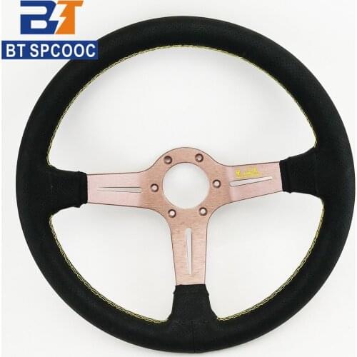 Universal Racing Sport Steering Wheel Yellow Sewing Thread 14 Inch 345mm Titanium Bracket Real Leather Steering Wheels With Horn