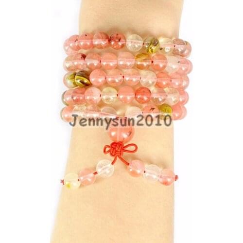 Volcano Cherry Quartz 8mm Gem Stone Buddhist 108 Beads Prayer Mala Multi-Purpose Stretchy Bracelet Necklace 2Strands/Pack