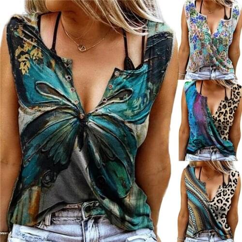 Summer New Vest Top Womens Sexy V Neck Sleeveless T Shirt Butterfly Print Tee Shirt Fashionable Pullover Casual Clothing