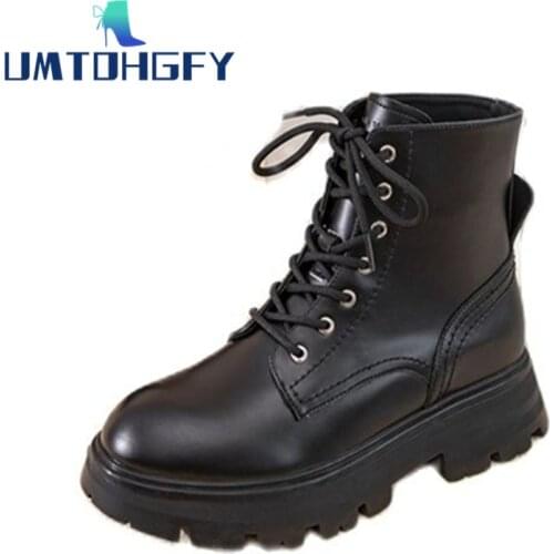 M Short Boots Womens 2021 Spring Autumn Genuel Leather Patent Leather Lace-up Martin Boots Thick-Heeled Thick-Soled British Q