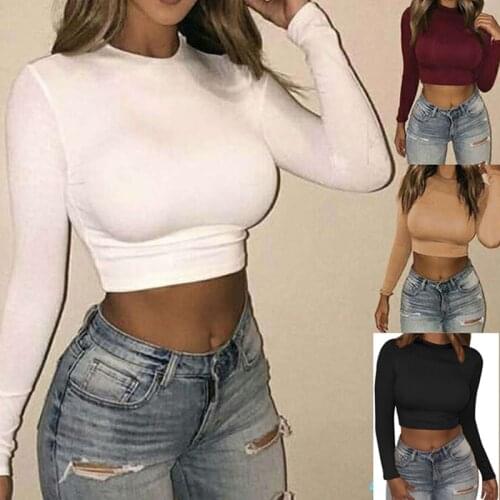 Women Sexy Short T-Shirts Slim Solid Color Crop Tops Autumn Female Basic Tees Fashion Long Sleeve Comfortable T-Shirt