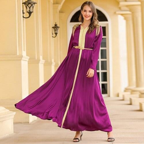 Beaded Kaftan Dubai Satin Long Dress Metal Tassel Badges Abaya Oman Turkey Islamic Clothing Muslim Arabic Dress Evening 2021